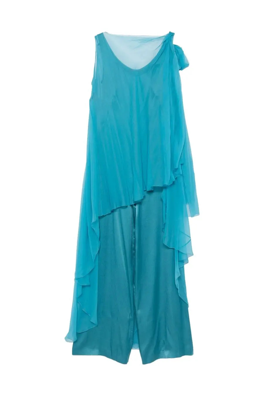 Alberta Ferretti women’s silk jumpsuit in blue with a flowing turquoise sleeveless dress and layered sheer overlay