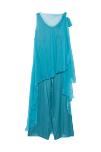 Alberta Ferretti women’s silk jumpsuit in blue with a flowing turquoise sleeveless dress and layered sheer overlay
