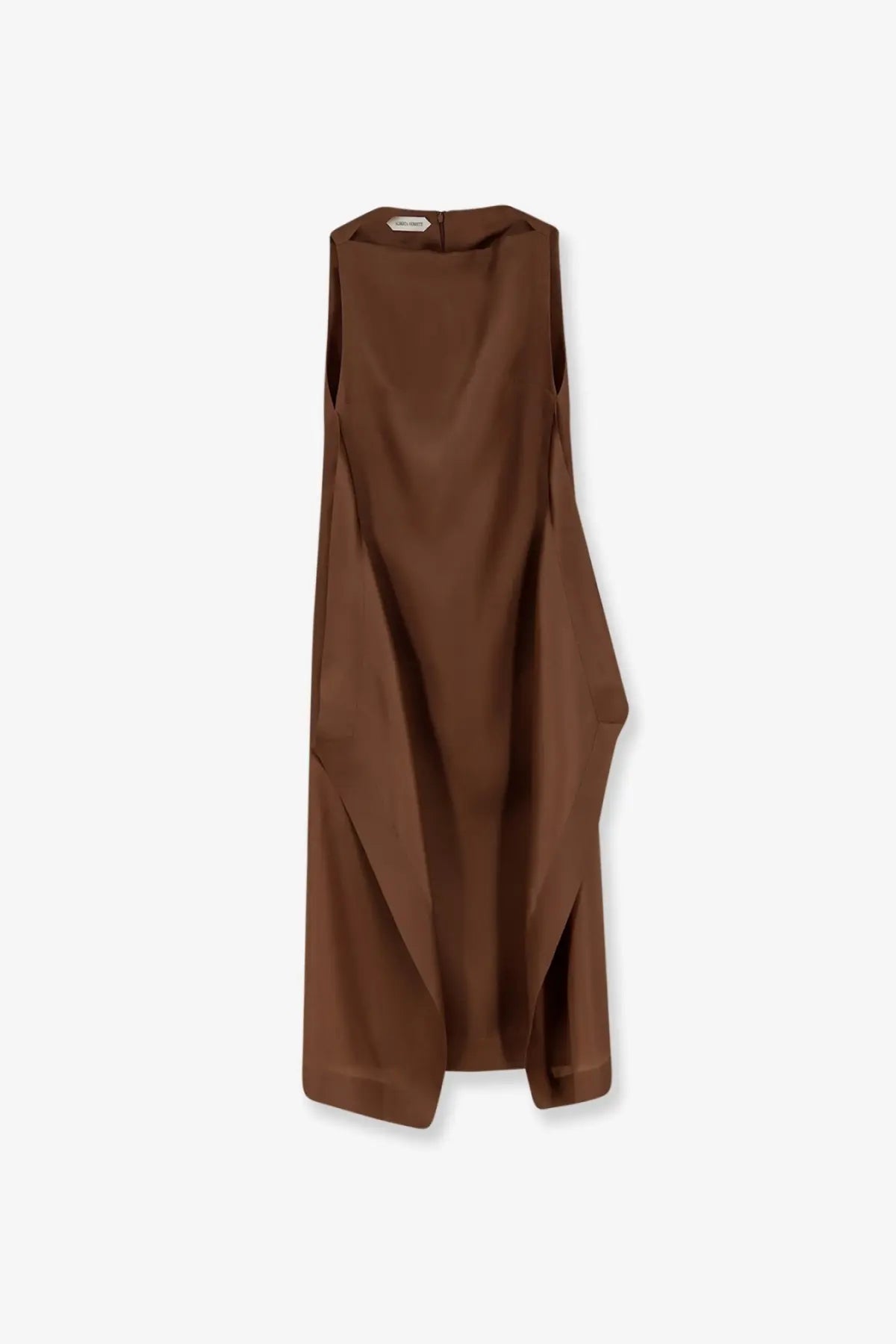 Alberta Ferretti women’s sleeveless brown silk long dress with flowing silhouette and subtle asymmetrical hemline