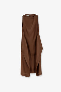 Alberta Ferretti women’s sleeveless brown silk long dress with flowing silhouette and subtle asymmetrical hemline