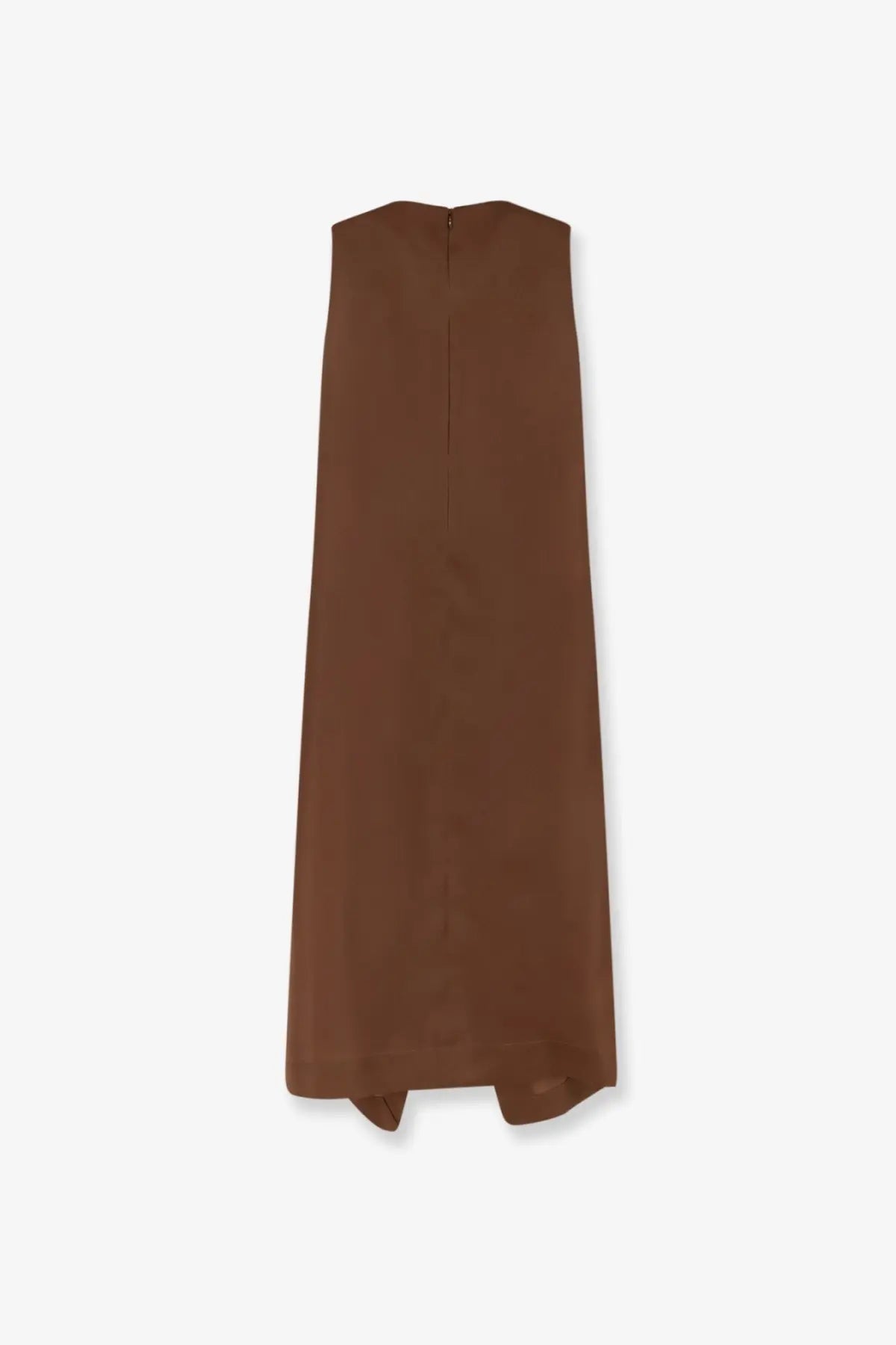 Alberta Ferretti women’s sleeveless brown silk maxi dress with straight back and subtle asymmetrical hem shown from back