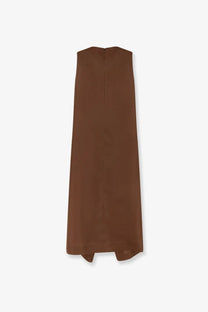 Alberta Ferretti women’s sleeveless brown silk maxi dress with straight back and subtle asymmetrical hem shown from back
