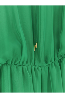 Alberta Ferretti women’s emerald green silk long dress with gold-toned drawstring closure at the waist