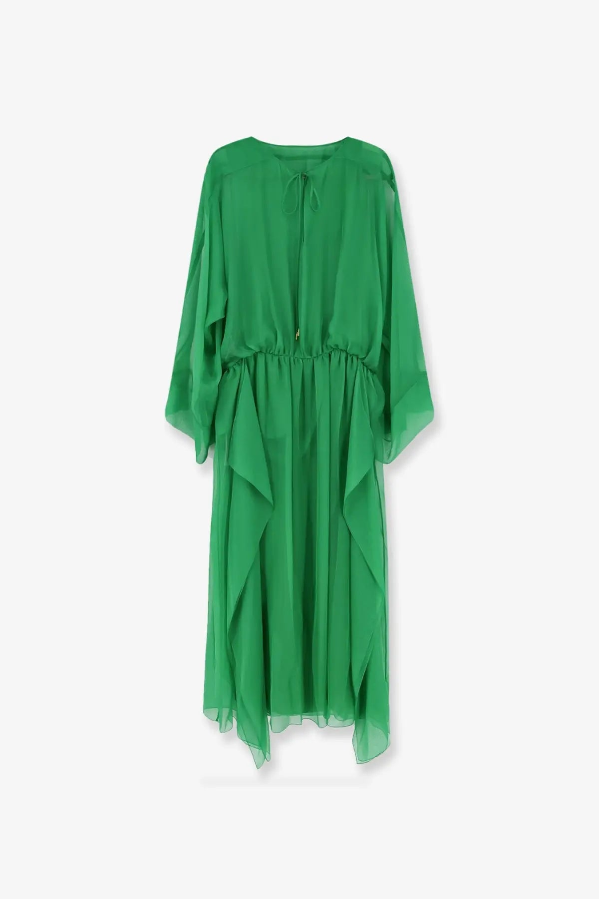 Alberta Ferretti women’s silk long dress in flowing emerald green chiffon with wide sheer sleeves and a cinched waist