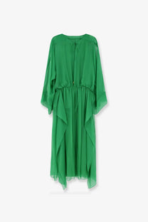 Alberta Ferretti women’s silk long dress in green chiffon with wide sheer sleeves and a cinched waist