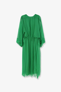 Alberta Ferretti women’s silk long dress in emerald green with sheer voluminous sleeves and gathered waistline