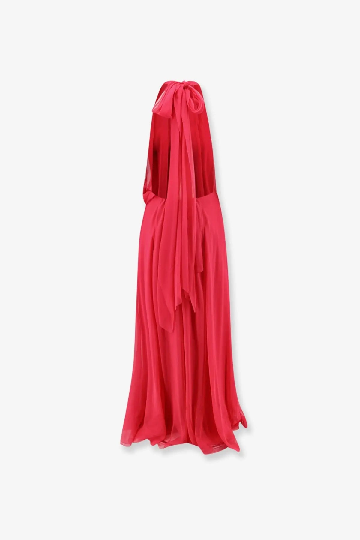 Alberta Ferretti women’s silk long dress pink flowing red halter neck gown with draped sheer fabric and backless design from back