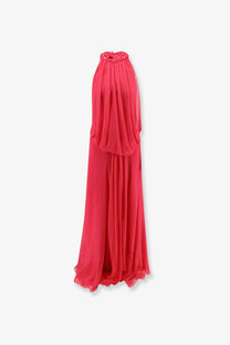 Alberta Ferretti women’s coral-red silk halter-neck maxi dress with flowing chiffon layered design