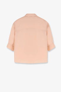 Alberta Ferretti women’s silk shirt beige soft peach minimalist blouse with relaxed fit and three quarter length sleeves