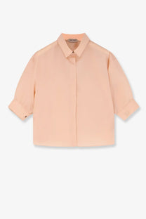 Alberta Ferretti women’s soft peach silk shirt with a minimalist design, clean collar, and three-quarter sleeves
