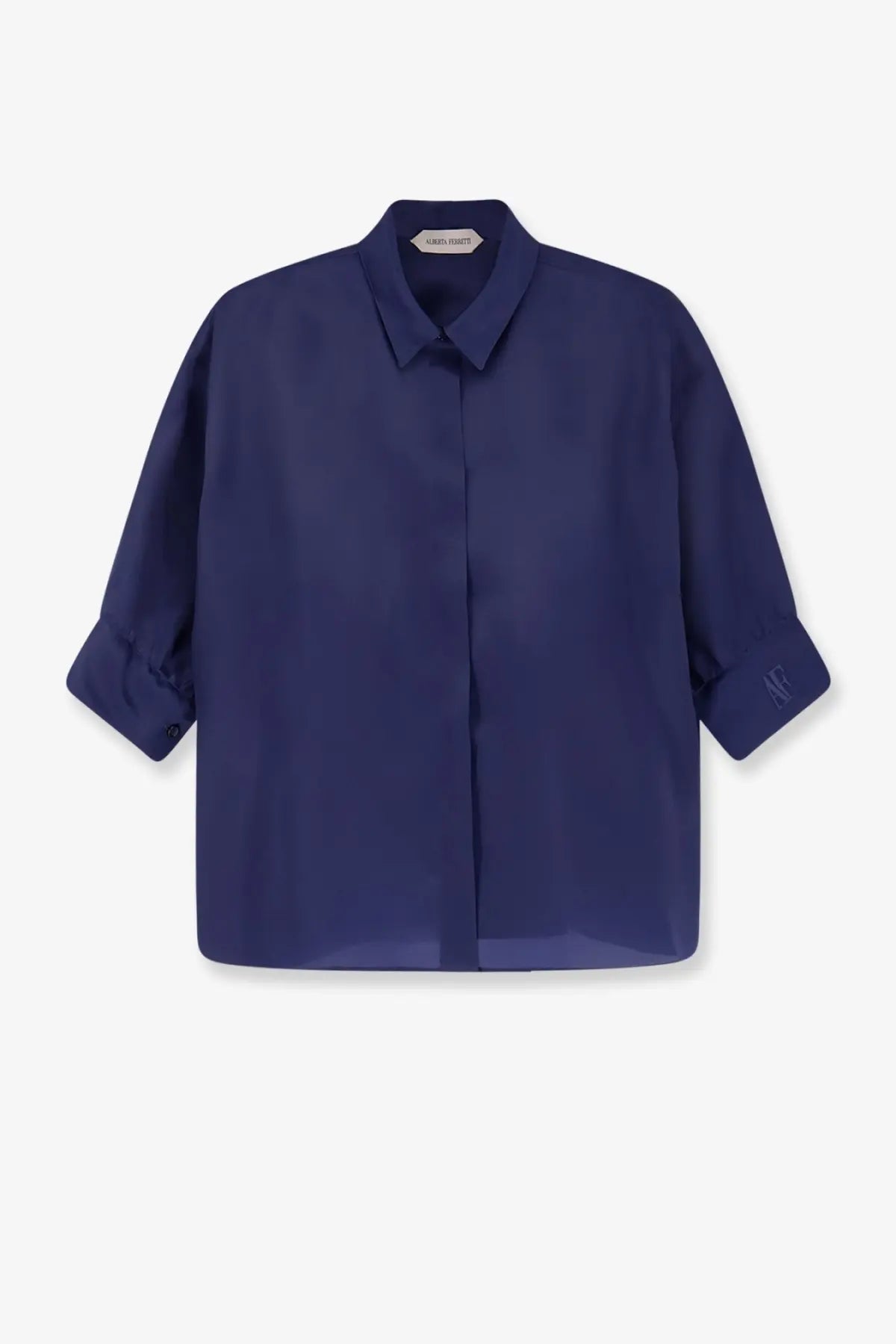 Alberta Ferretti women’s navy blue oversized silk blouse with classic collar and rolled-up three-quarter sleeves