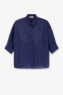 Alberta Ferretti women’s navy blue oversized silk blouse with classic collar and rolled-up three-quarter sleeves