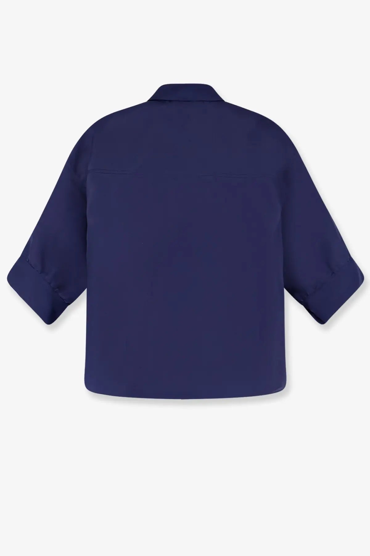 Alberta Ferretti women’s navy blue silk short-sleeved blouse with classic collar and rolled cuffs