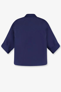 Alberta Ferretti women’s navy blue silk short-sleeved blouse with classic collar and rolled cuffs