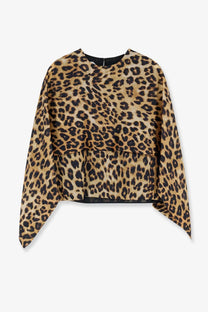 Alberta Ferretti women’s silk leopard print peplum top with black lining and asymmetrical hem