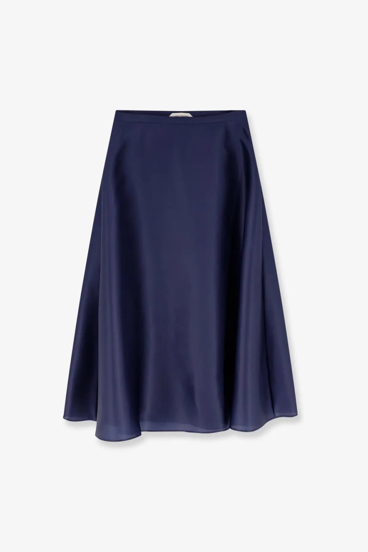 Alberta Ferretti women’s navy blue satin midi skirt with smooth flowing silhouette and subtle sheen
