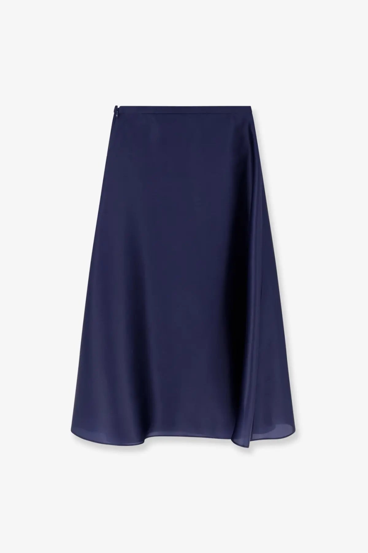 Alberta Ferretti women’s navy blue silk wrap skirt with a smooth flowing drape and subtle satin sheen