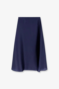 Alberta Ferretti women’s navy blue silk wrap skirt with a smooth flowing drape and subtle satin sheen