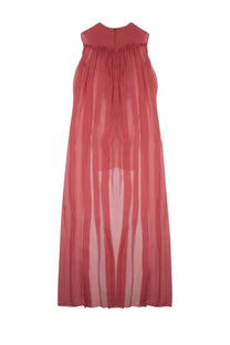 Alberta Ferretti women’s sleeveless flowing coral silk dress with gathered neckline and high low hemline