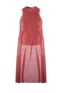 A sleeveless sheer pink dress with a ruffled bodice and flowing skirt from alberta ferretti womens silk sleeveless shirt blue
