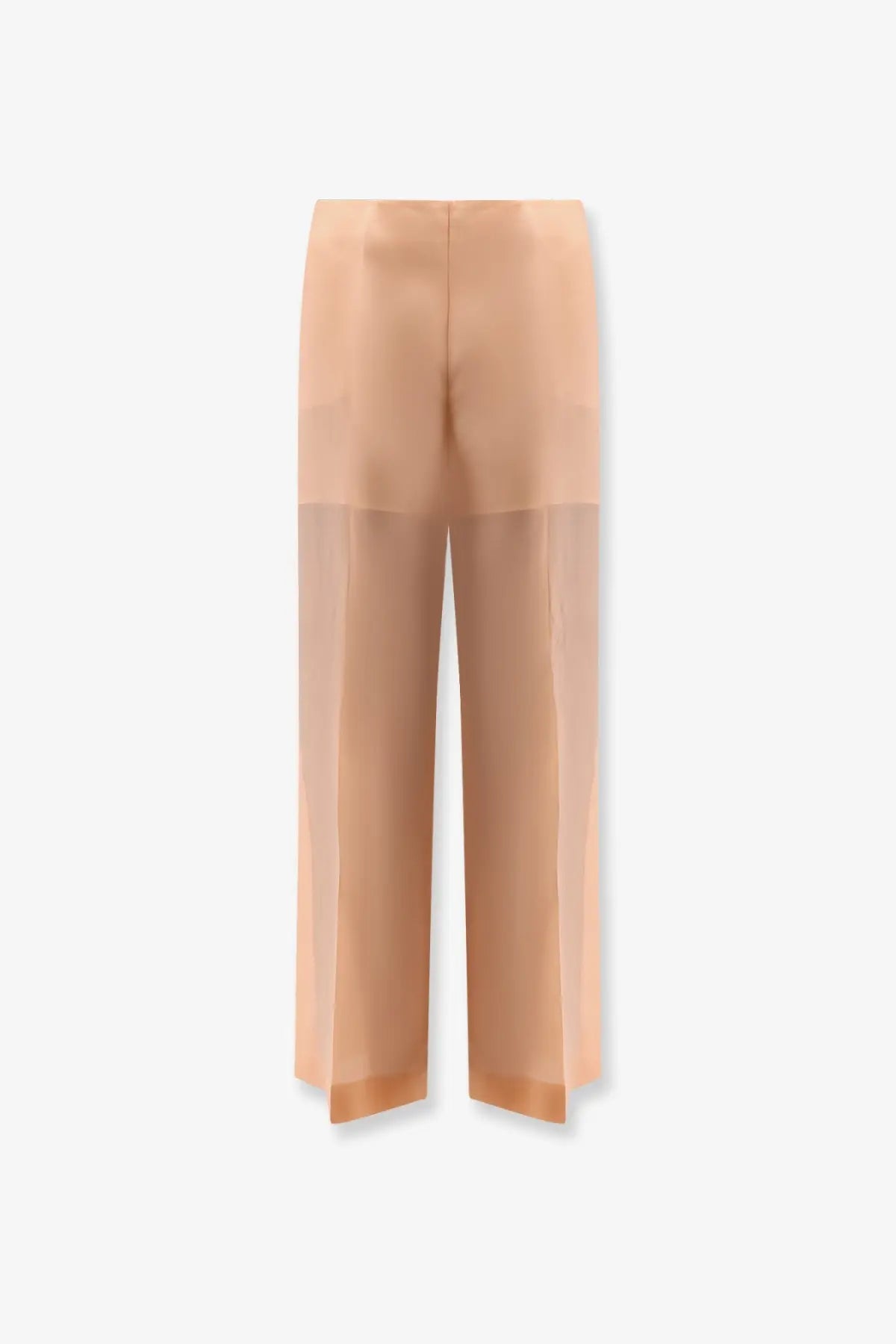 Alberta Ferretti women’s beige high-waisted wide-leg silk trousers with sheer fabric and minimalist design