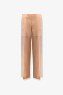 Alberta Ferretti women’s beige high-waisted wide-leg silk trousers with sheer fabric and minimalist design