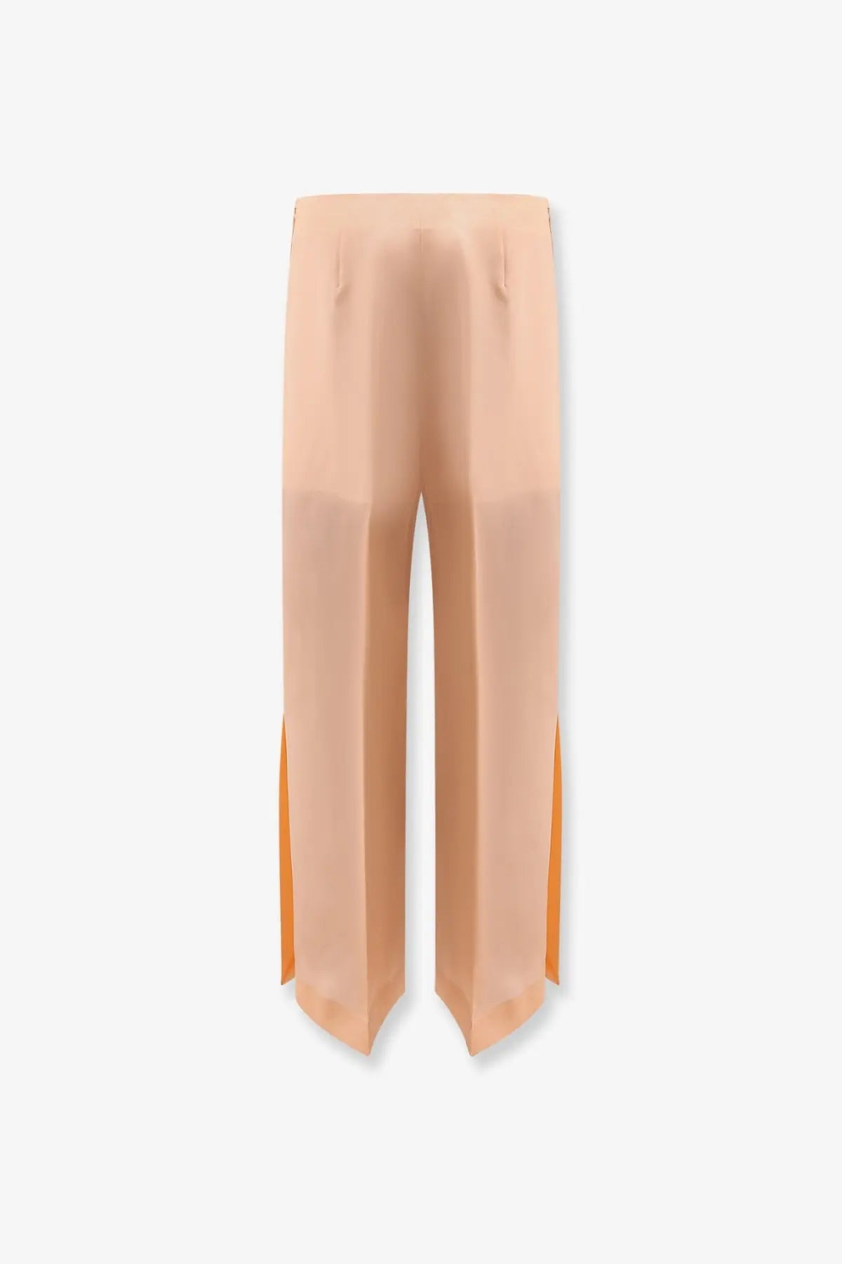 Alberta Ferretti women’s pink silk trousers featuring high-waisted wide-leg fit with subtle sheen and side slit detailing