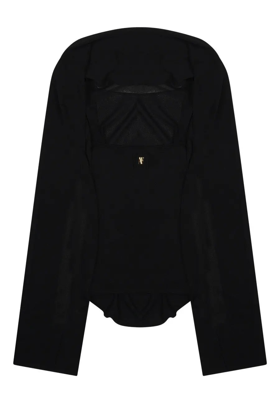 Alberta Ferretti women’s black long-sleeved bodysuit with high neckline ruffled hem and gold chest logo