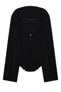 Alberta Ferretti women’s black long-sleeved bodysuit with high neckline ruffled hem and gold chest logo