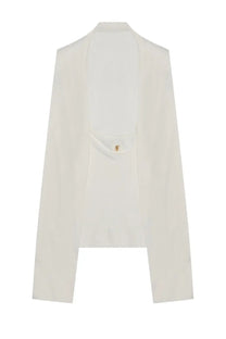 Alberta ferretti women’s off-white silk blazer with minimalist design and gold-tone hardware on back pocket view