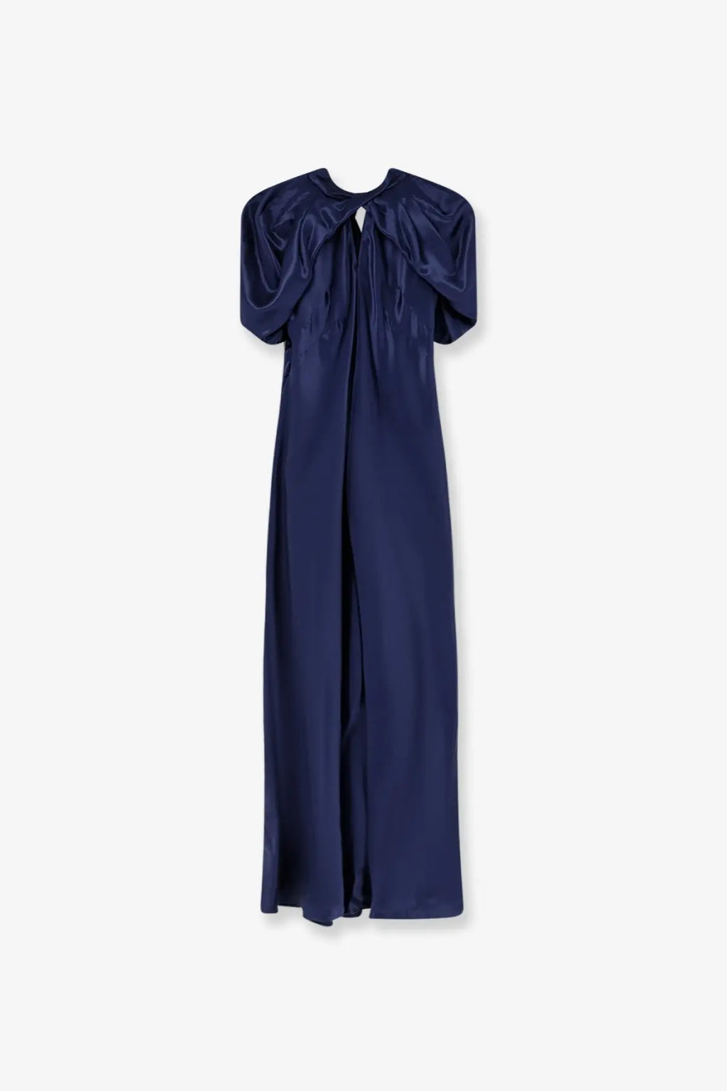 A sleek navy blue satin Alberta Ferretti women’s long dress with puffed short sleeves and a draped neckline
