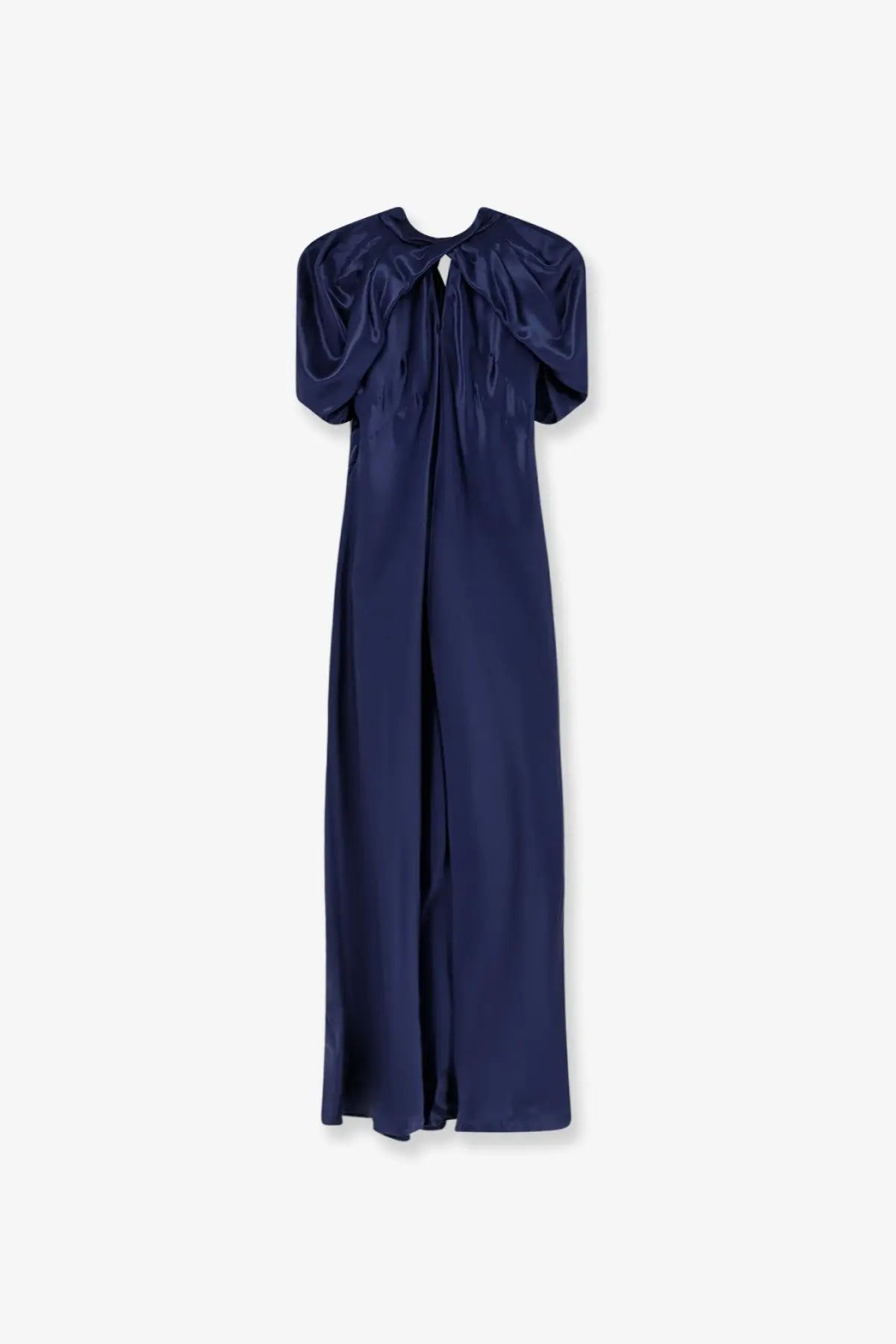 A sleek navy blue satin Alberta Ferretti women’s long dress with puffed short sleeves and a draped neckline