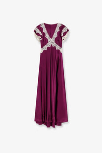 Alberta Ferretti women’s flowing burgundy viscose maxi dress with white lace trim on bodice and sleeves