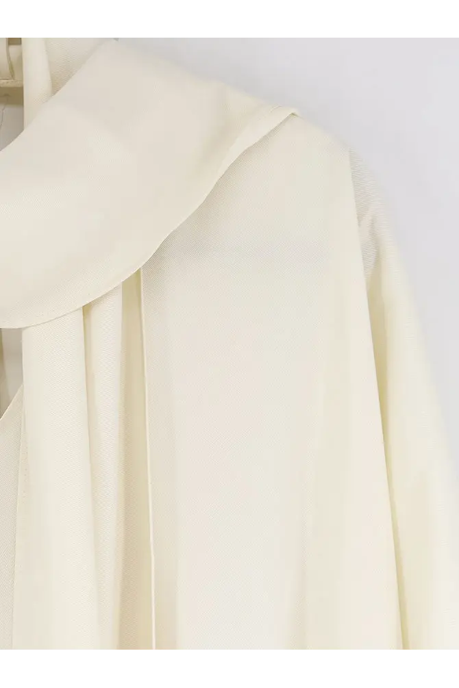 Cream-colored satin blouse with wide soft collar and flowing fabric paired with alberta ferretti white viscose long dress
