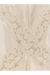 Alberta Ferretti women’s cream satin long dress with white floral lace appliqué on viscose bodice