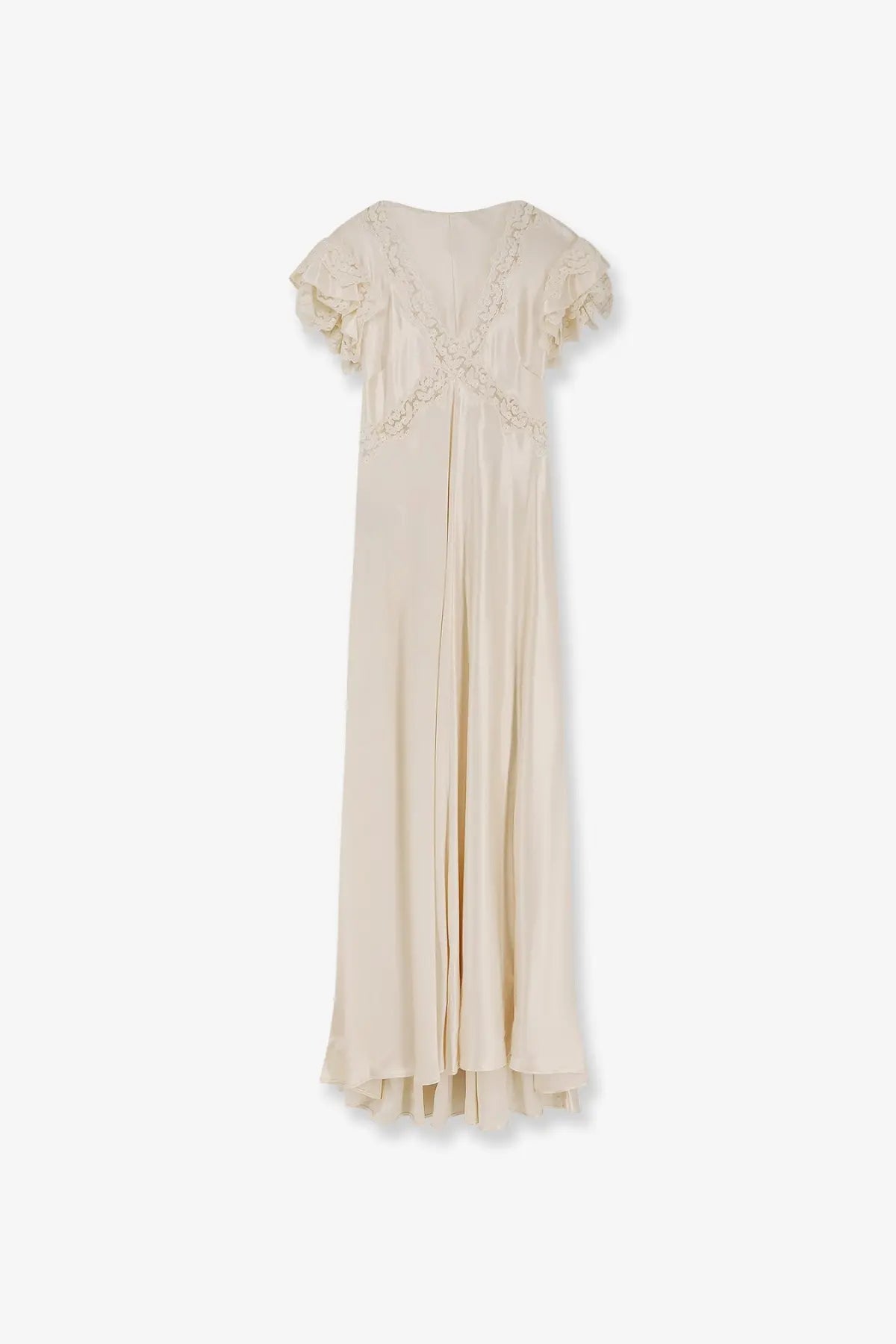 Alberta Ferretti women’s white viscose long dress with flowing cream silk, ruffled sleeves, and beaded back detailing visible