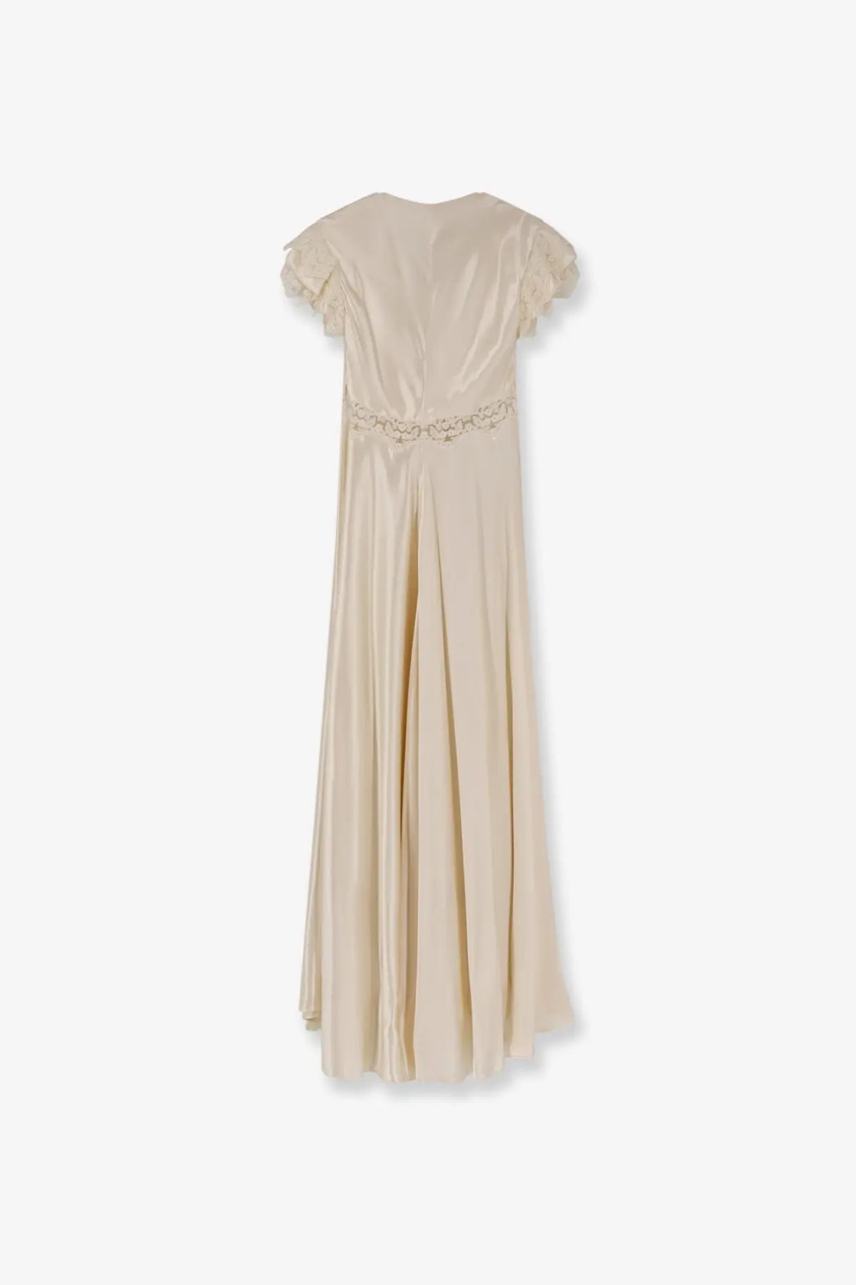 Alberta ferretti women’s viscose long dress white flowing cream satin gown with short ruffled sleeves and beaded belt