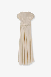 Alberta ferretti women’s viscose long dress white flowing cream satin gown with short ruffled sleeves and beaded belt