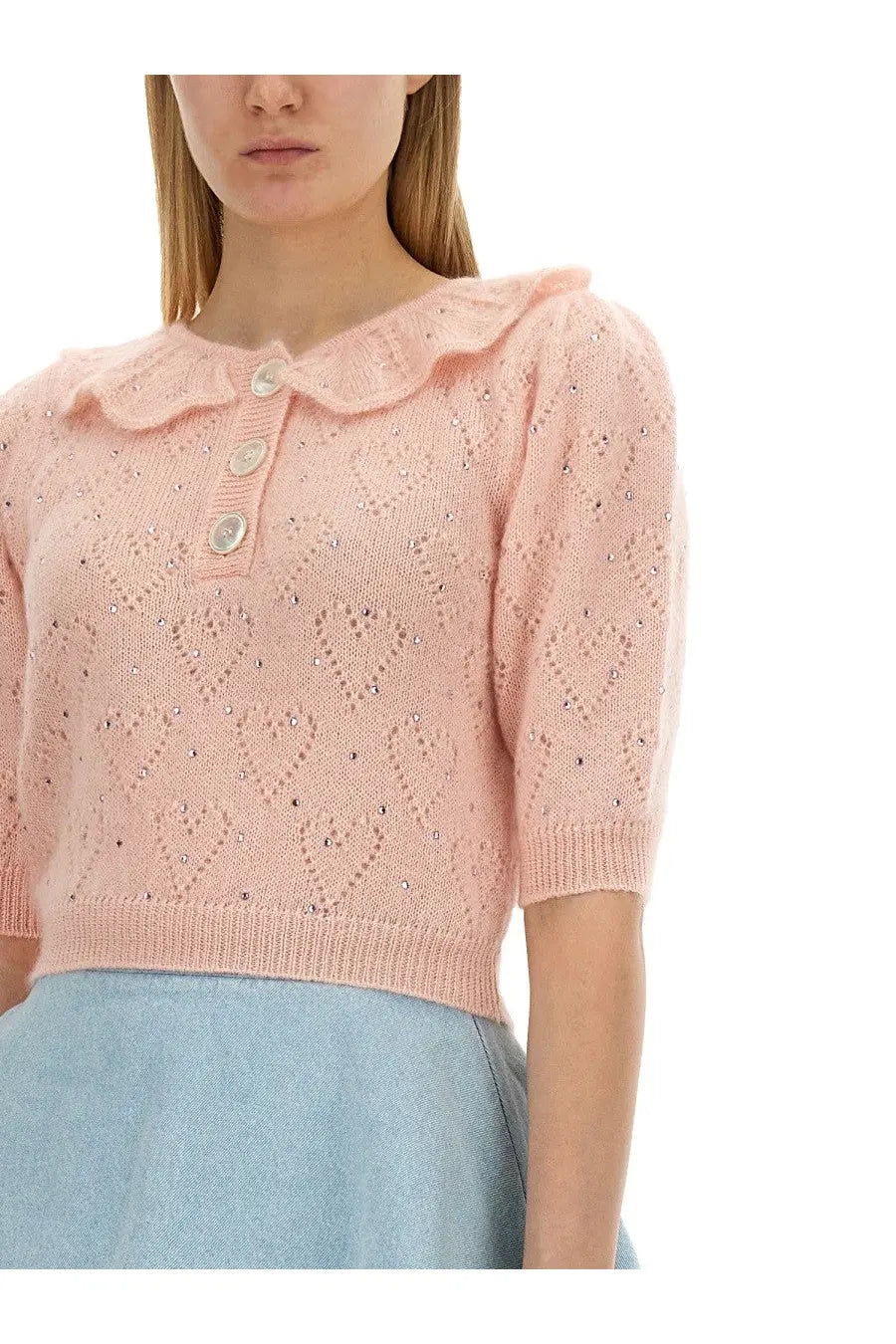 Alessandra rich womens pink knitted cardigan with ruffled collar and heart lacework subtle embellishments