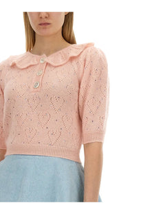 Alessandra rich womens pink knitted cardigan with ruffled collar and heart lacework subtle embellishments