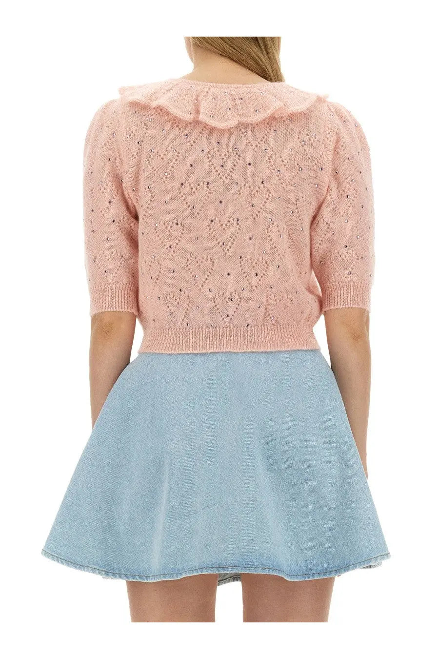 Alessandra rich women’s soft pink knitted cardigan with heart-patterned lacework and ruffled collar