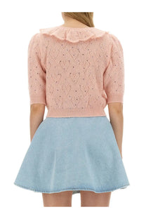 Alessandra rich women’s soft pink knitted cardigan with heart-patterned lacework and ruffled collar