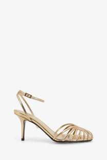 Alevi women’s blake gold metallic laminated leather sandal with slender heel ankle strap