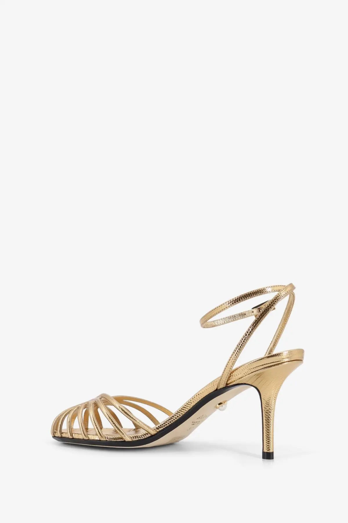 Alevi women’s Blake laminated leather gold metallic strappy sandal with slender heel and ankle strap