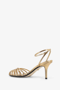 Alevi women blake laminated leather gold metallic strappy sandals with slender heel and ankle strap
