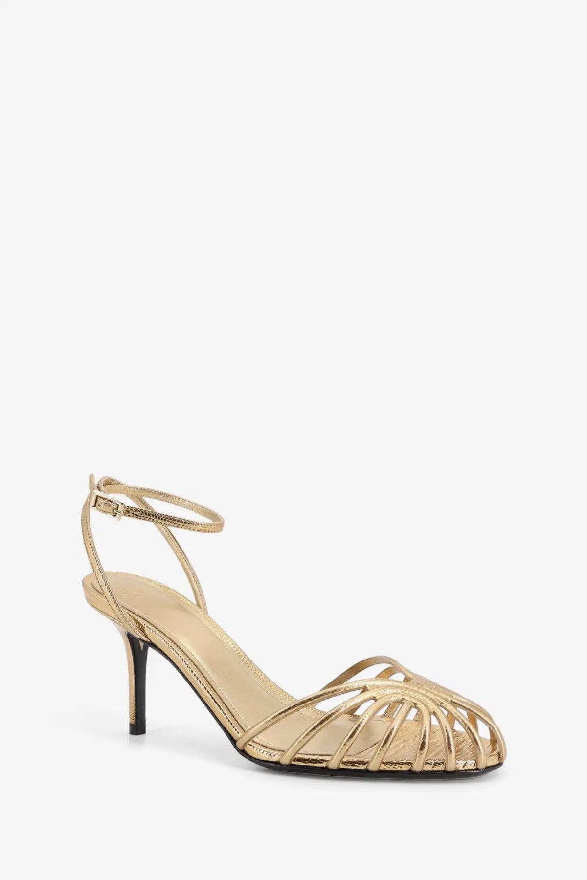 Alevi women’s Blake laminated leather gold metallic strappy sandal with slender heel and ankle strap