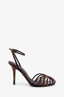 Alevi women’s Blake leather sandals in brown with tortoiseshell-patterned strappy design and slender ankle strap heel