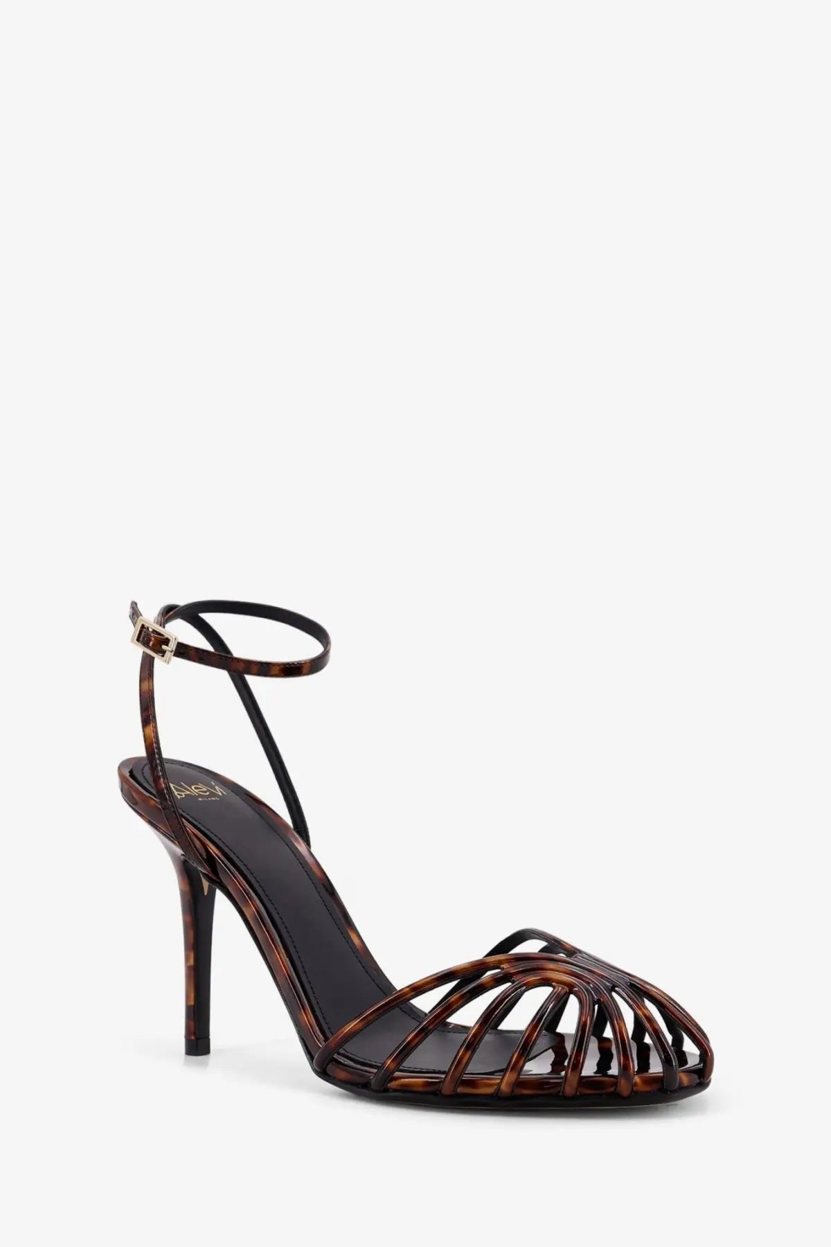 Alevi women’s Blake leather tortoiseshell brown strappy high-heeled sandal with slender heel and ankle strap