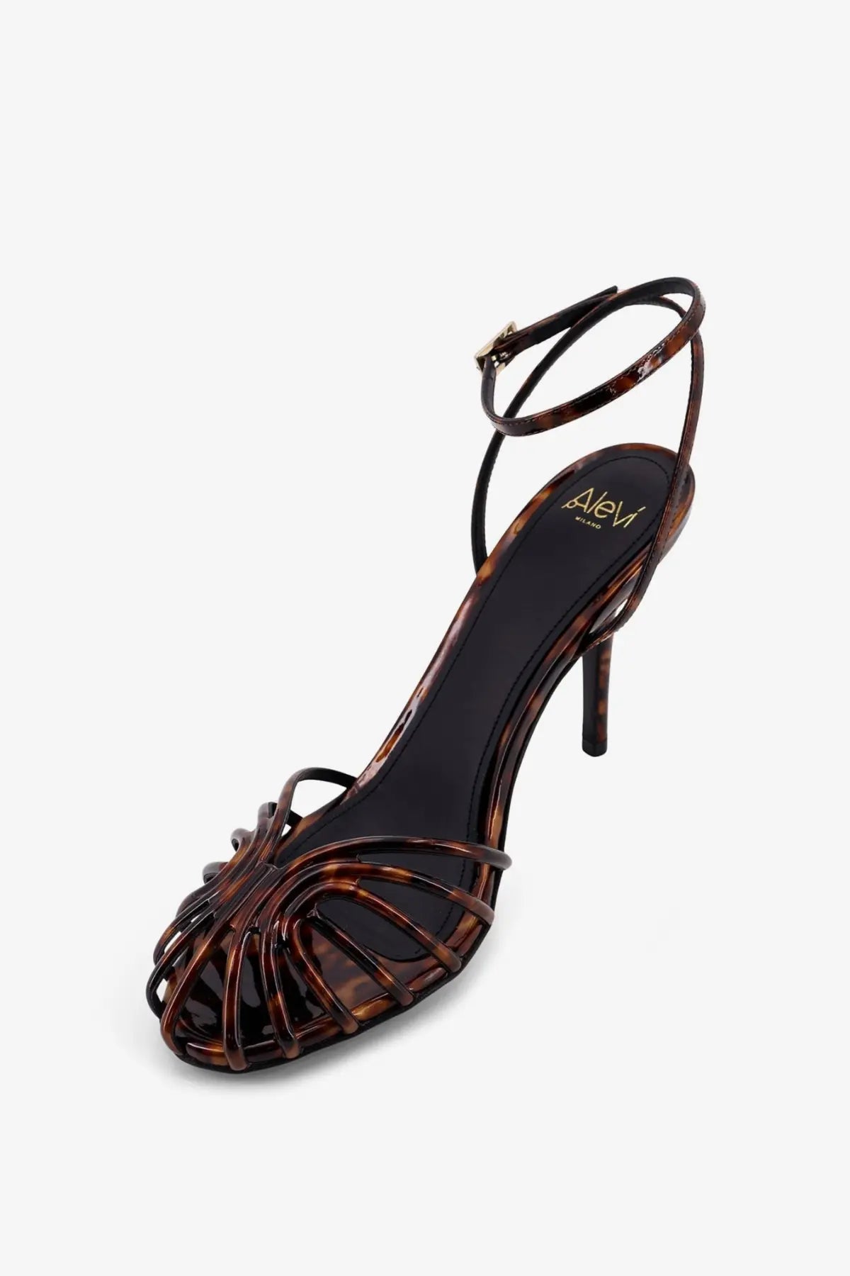 Alevi women’s blake leather sandals brown tortoiseshell pattern high heel ankle strap with crisscross design