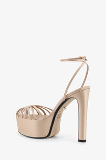 Beige satin platform sandal with high stiletto heel and thin crisscross straps from alevi women eva satin sandals